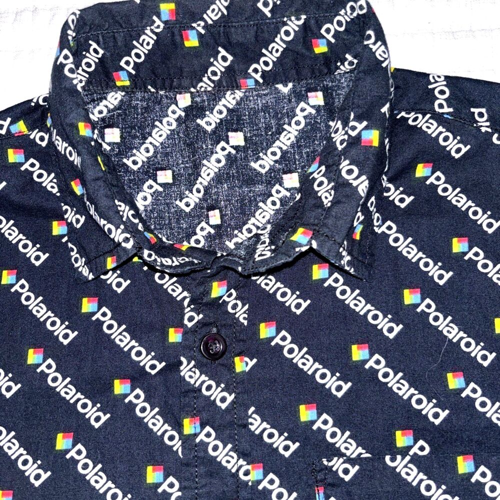 Polaroid Logo All Over Button Black Shirt Size M Photography Retro 100% Cotton